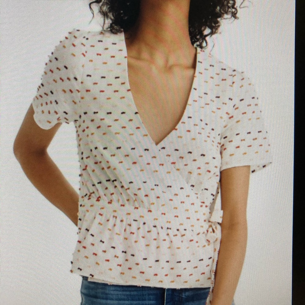 Madewell White Wrap Blouse with Multicolor Dots